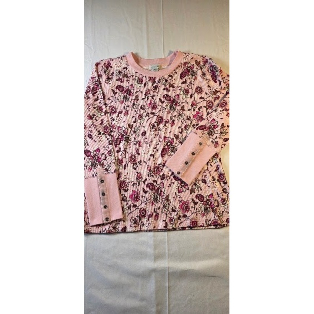 Sundance Pink Floral Waffle Knit Thermal Top Snap Cuff Petite XL